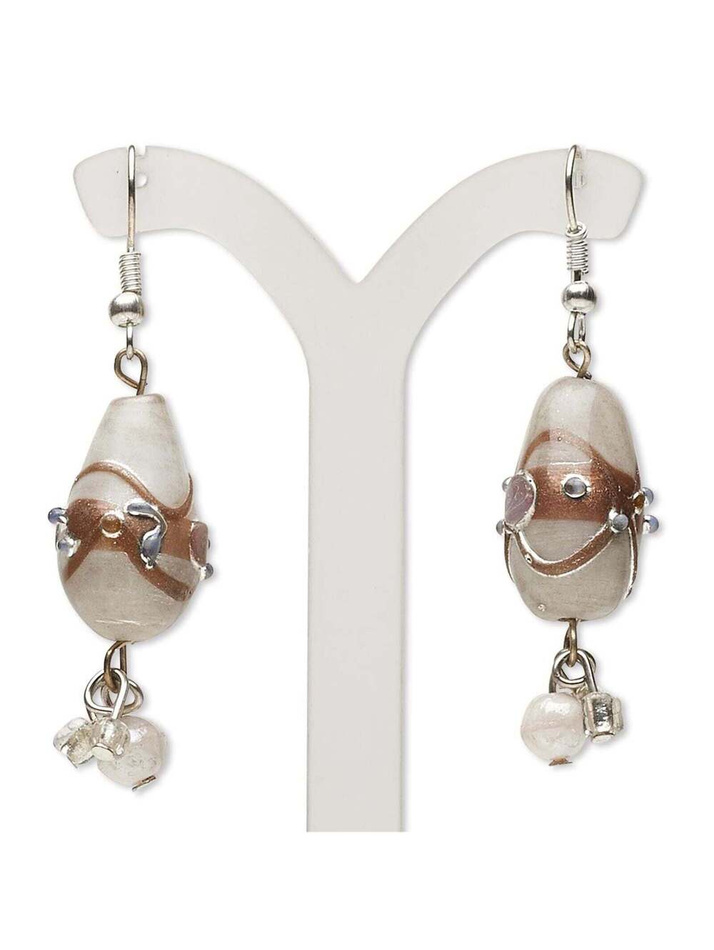 Handcrafted India White Copper Silver Wedding Cake Glass Beads Dangle Earrings
